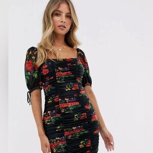 Ruched Floral Mini Dress Square Neck Mess Medium